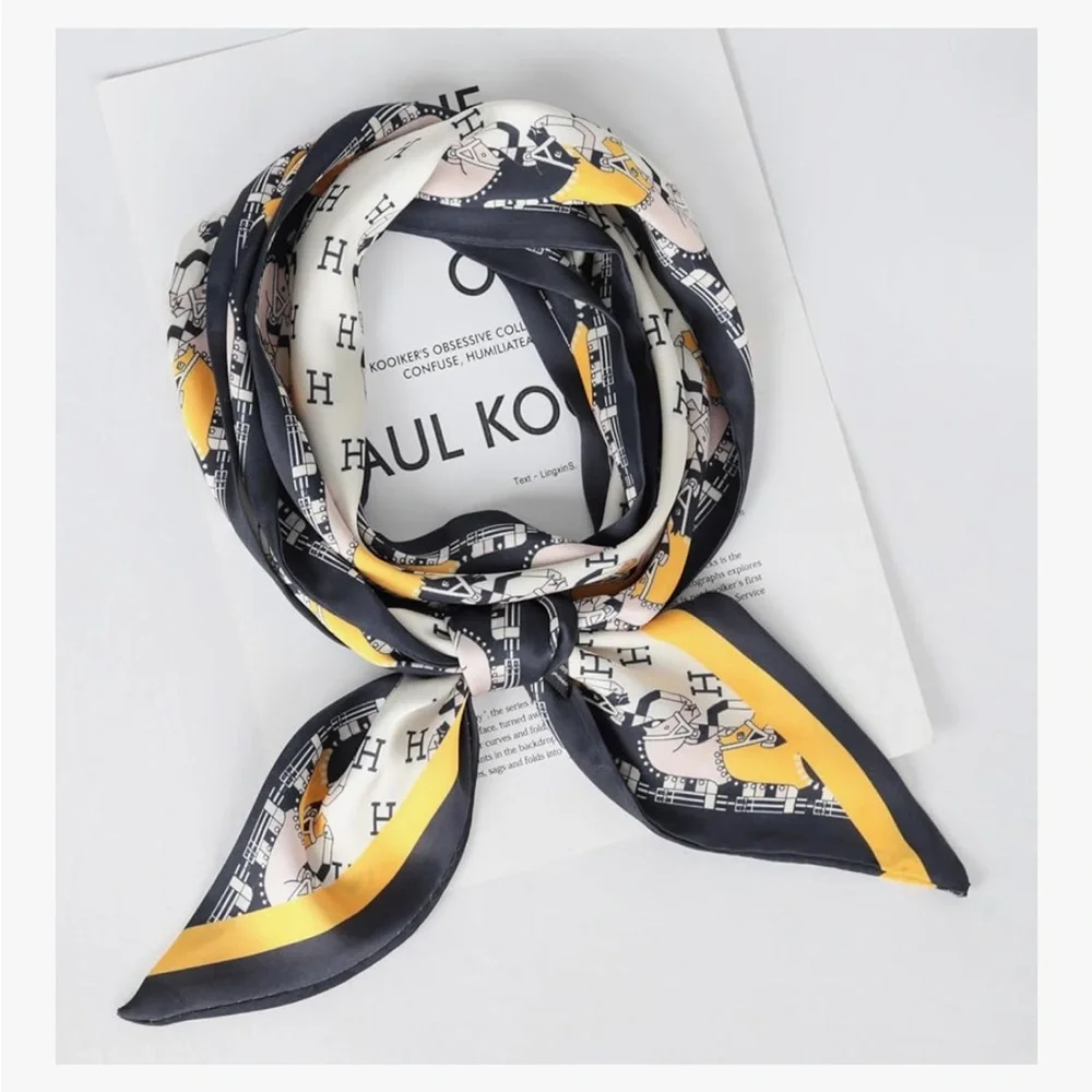 Elegant Black and Yellow Horse Silky Twilly Scarf Long Luxury Expensive Quality